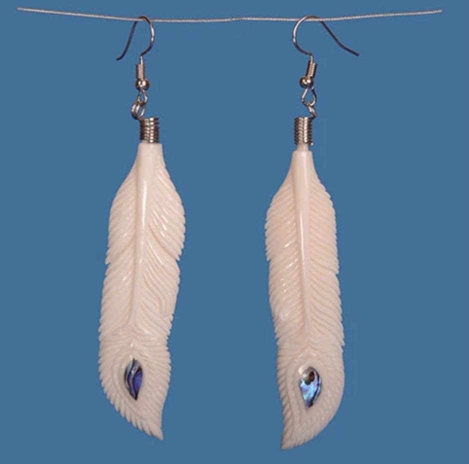 Bone Feather Earrings with Paua. — view 1