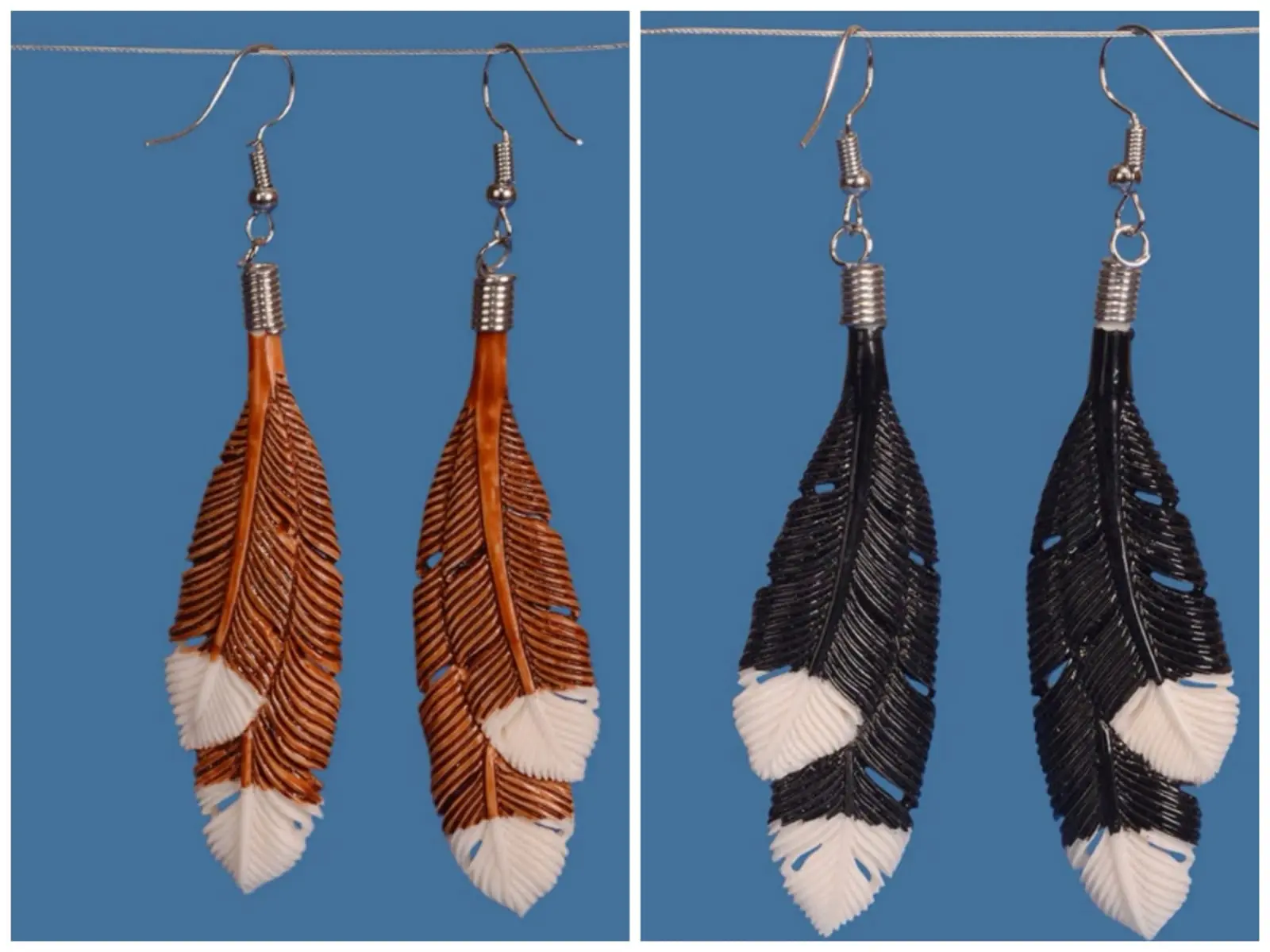 Black and brown Intricate Bone Feather Earrings. "Special 2 for $70"